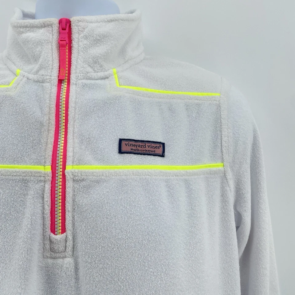 Pullover Vineyard Vines 1/4 cremallera para mujer M blanco rosa amarillo ribete felpa polar Foto 4 de 4