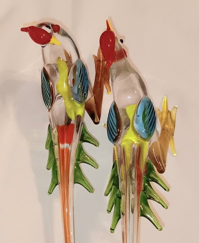 Set Of 2 Handblown Glass Bird Chicken Figure Multi Color Rooster Exotic Bird - Picture 14 of 19