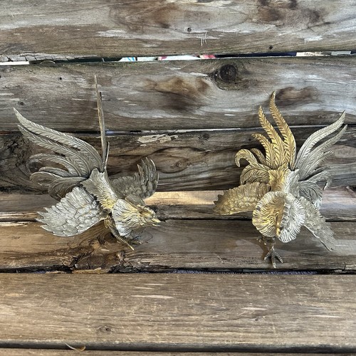 Vintage Pair Brass Fighting Roosters Cocks Mid Century Detailed Heavy - Picture 1 of 8