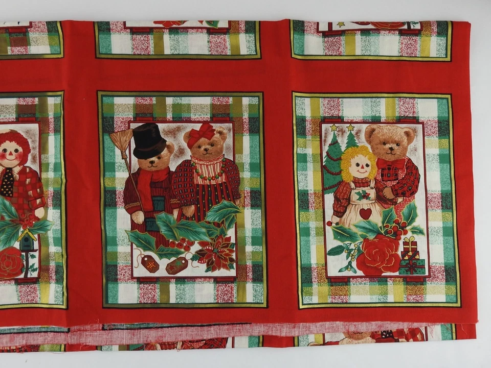 Vintage Christmas Fabric Mistletoe Kisses Teddy Bears Rag Dolls Plaid Quilt Pane - Image 3 of 4