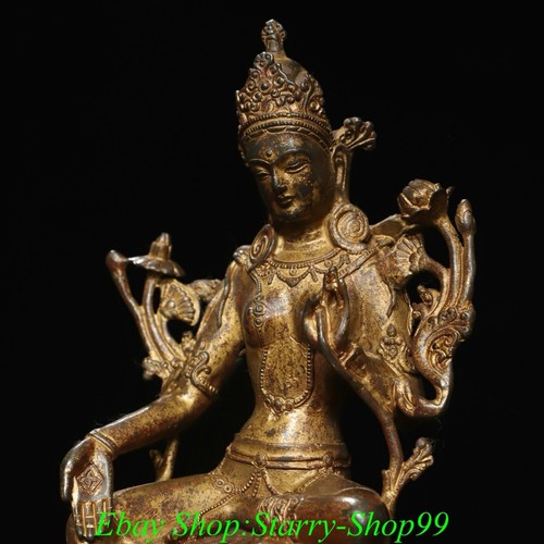 8.2'' Old Tibet Bronze Gilt Green Tara Mahayana Buddhism Goddess Buddha Statue - Picture 8 of 9