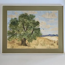 Original Vintage Watercolor Painting Signed Landscape Art Framed Large Tree Hill