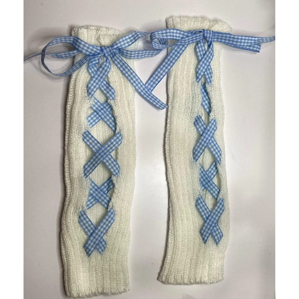 Y2K вязаные руки грелки белый синий имбирь лента шнурует вверх рукава Kawaii Harajuku - Изображение 2 из 4