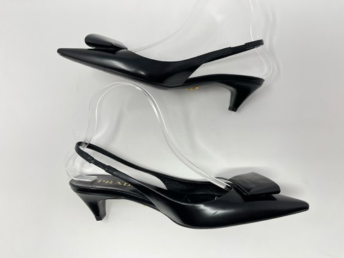 Prada Black Logo Bow Pointed Toe Slingback Kitten Heel Low High Heels Pumps 37 7 - Picture 4 of 7