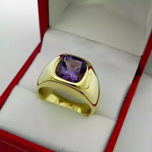 Cushion Cut Lab Created 2CT Amethyst Solitaire Men's Ring 14K Yellow Gold Plated - Picture 4 of 4