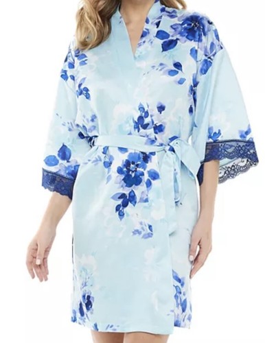 Blue Floral Matte Satin Kimono Wrap Robe w/ Lace Trim - M Medium - Apt 9 - New  - Picture 3 of 3