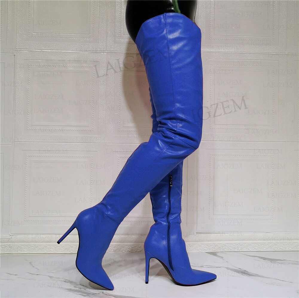 Women Thigh High High Boots Faux Leather Pointed Toe High Heels