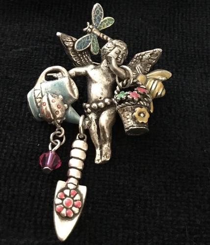Vtg KIRKS FOLLY Brooch CHERUB GARDEN ANGEL Dragonfly Bee Ladybug Flower 3” PIN - Picture 1 of 2