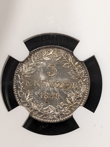 1849 MS65 Germany Frankfurt Silver 3 Kreuzer KM 334 NGC TOP GRADE! Scarce - Picture 6 of 6