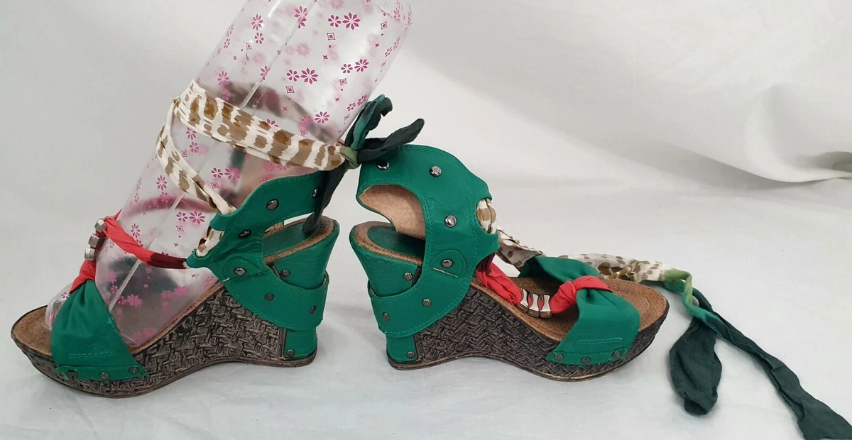 Salt Pepper Paola Green Red Strappy Studded Wedges Hippie Funky