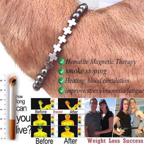Magnetic Hematite Cross Bracelet Therapy Men 925 Silver Relief Practical Gift - Picture 3 of 6