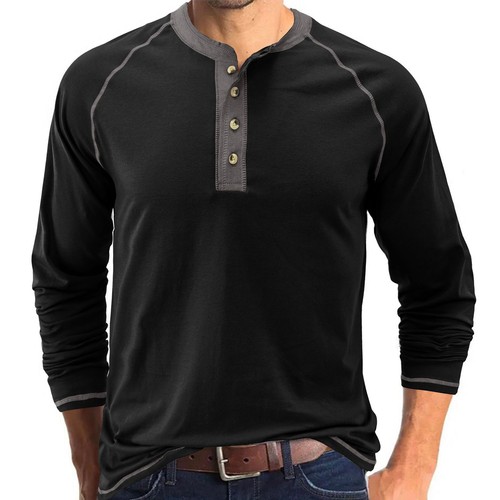 Mens Long Sleeve T Shirt Fall Henley Crew Neck Soft Button Tee Spring Fall Top - Bild 10 von 25