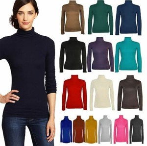 Donna Polo a maniche lunghe Turtle Roll Collo Elasticizzato Jersey Top Taglia 8-18