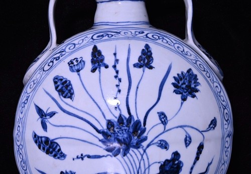 Bellissimo vaso piatto piante fiori porcellana blu e bianca dipinto a mano cinese - Foto 6 di 9