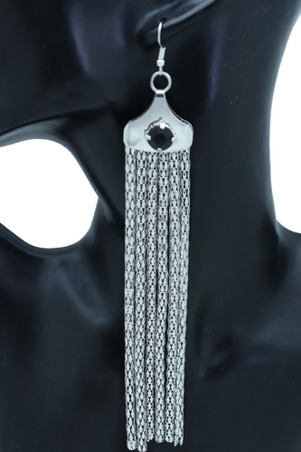 Women Earrings Fashion Jewelry Silver Mesh Metal Long Tassel Fancy Black Beads - Picture 12 of 12