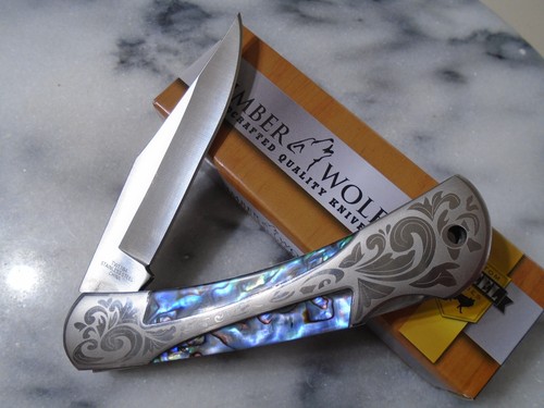 Timber Wolf Fancy Gents Abalone Lockback Pocket Knife Folder TW1164 440 7.60" OA - Picture 4 of 9