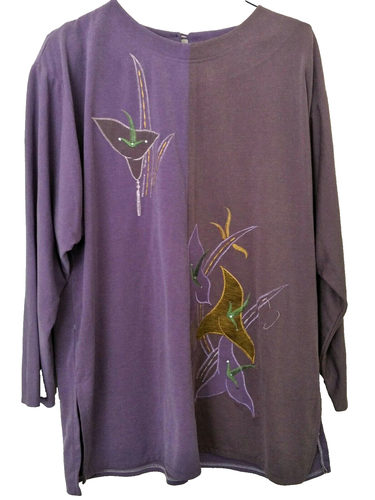 Women Long Sleeve Floral Rhinestone Embroidered Polyester Top Purple M (12-14) - Picture 9 of 11