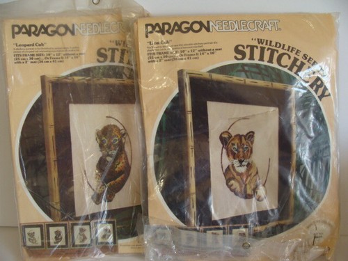 Vintage Paragon 1977 Needlecraft Lion & Leopard Cub Embroidery Kit Lot - Picture 1 of 11