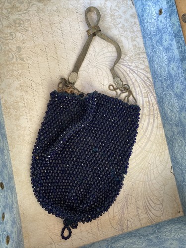 Antique Blue Beaded Bag with Mesh Drawstring Handle & Cinch Band AS IS