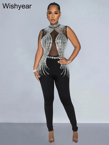 Women See Through Mesh Rhinestone Sexy Jumpsuit Stage Wear Party Costume - Picture 2 of 15