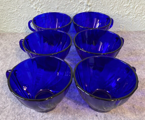 Vintage 6 pc Duralex Vereco France Cobalt Blue Glass Swirl Design Cups or Mugs - Picture 4 of 10