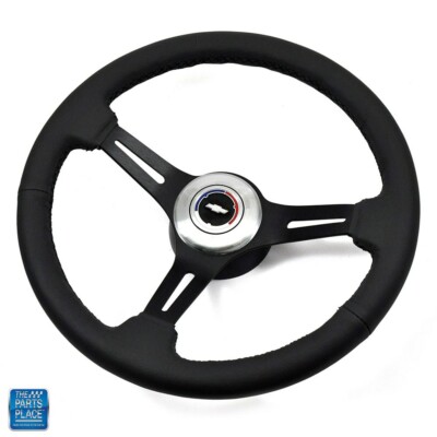 1967-1968 Chevy Black Leather Steering Wheel Chrome Spokes w/ SS Center Cap Kit 1967-1968 Chevy Black Leather Steering Wheel Chrome Spokes w/ SS Center Cap Kit