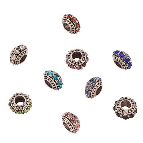 50pcs Tibetan Alloy Rhinestone European Beads Rondelle Large Hole Charms 11x7mm - Picture 5 of 9