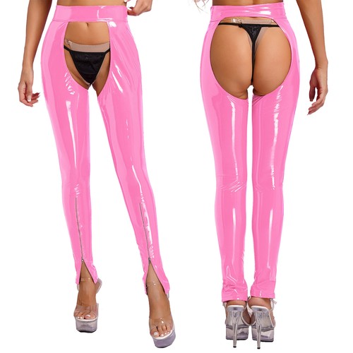 Women's Wet Look Leather Trousers Cutout Pants Shiny Latex Tights Dance Pants - Picture 27 of 46