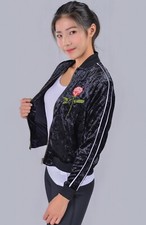 Woman's Velour Bomber Jacket Front Zip Long Sleeve Rose Embroidered