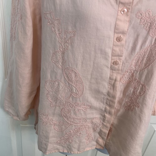 Liz Claiborne Bluse XL 100% Leinen rosa bestickt Mandarinkragen Bohemian - Bild 6 von 13