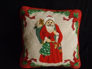 Father Christmas Handmade Needlepoint Decorative Pillow 13 Square
