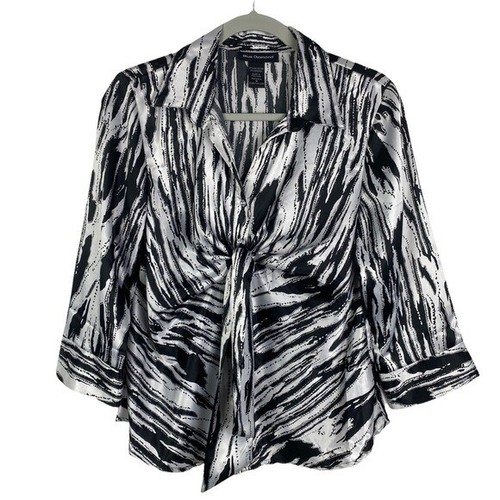 Blue Diamond Abstract Striped Tie Front Button Down Silky Blouse Women's Medium - Picture 7 of 9