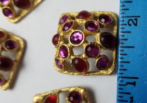 5 Gorgeous Vintage Jacket Buttons Pink, Red Stones set Gold Metal  1-1/8" x 5/8" - Picture 5 of 11