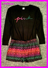 Victoria's Secret Pink Ombre Rainbow Cozy Sleep Shirt  Shorts PJ Set Black L