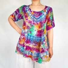Purple Tie Dye Short Dress Top Festival Sleeve Loose Mini Rainbow Boho Beach