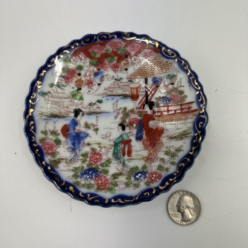 Geisha Ware Hand Painted Saucers Set of 4 Blue Edge Vintage - Picture 8 of 11
