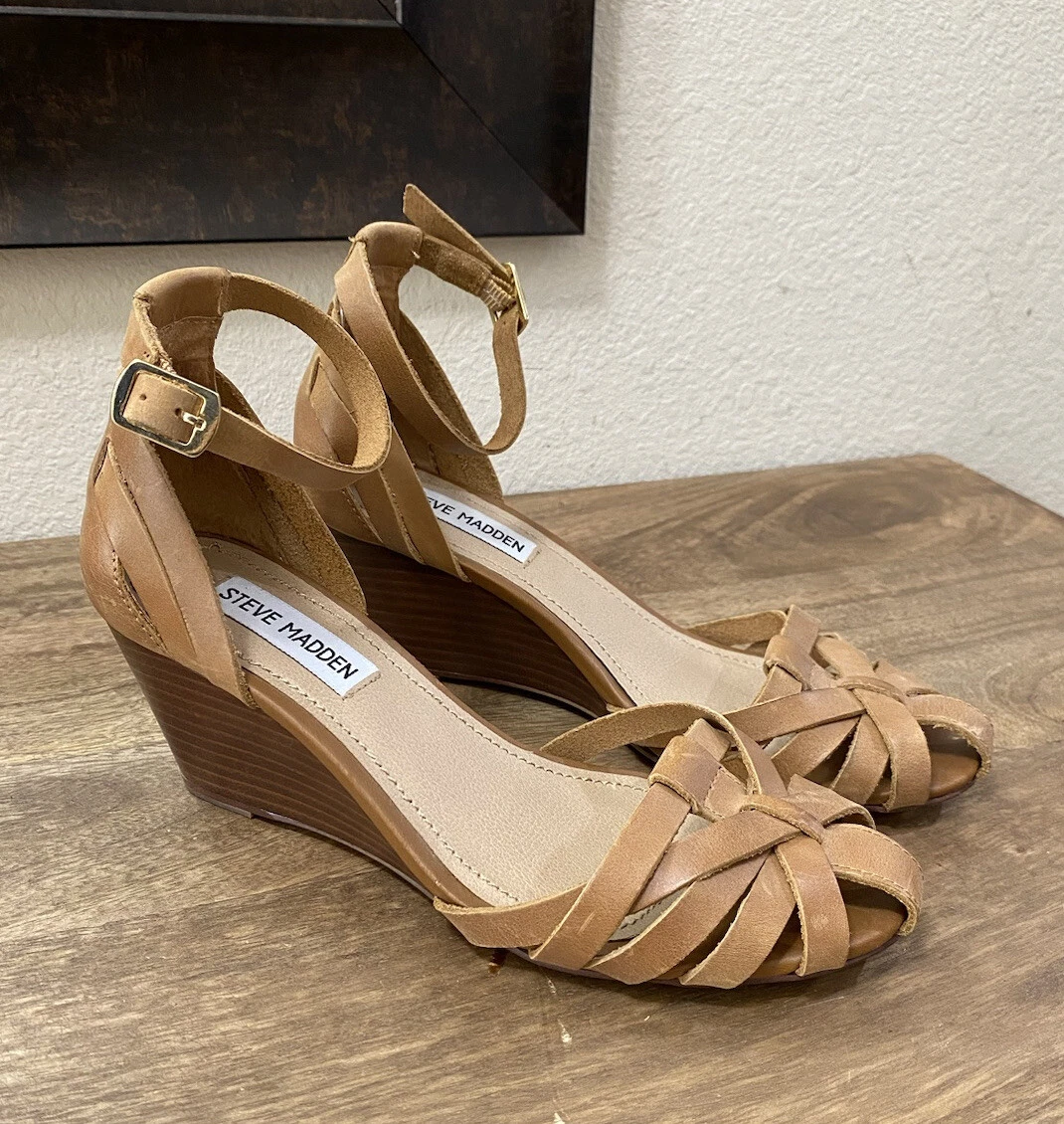 Steve Madden Wedge Sandals Shoes Tan Womens Size 6.5 eBay