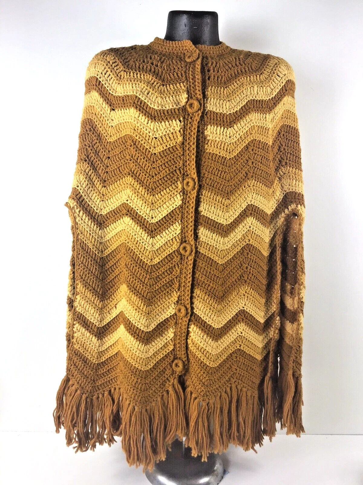 70s Poncho Shawl Brown Fall Granny Crocheted Boho Hippie Fringe Buttons One Size