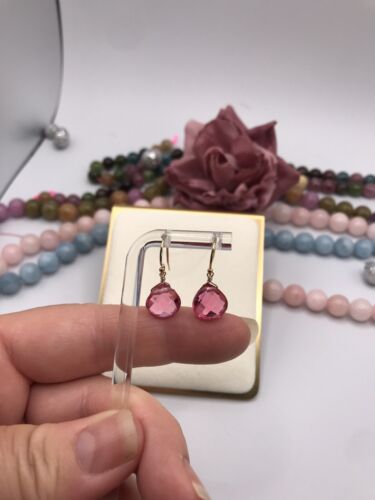 14K GF Pink Tourmaline Earrings Briolette Dangle 10mm SIMULATED - Picture 2 of 4