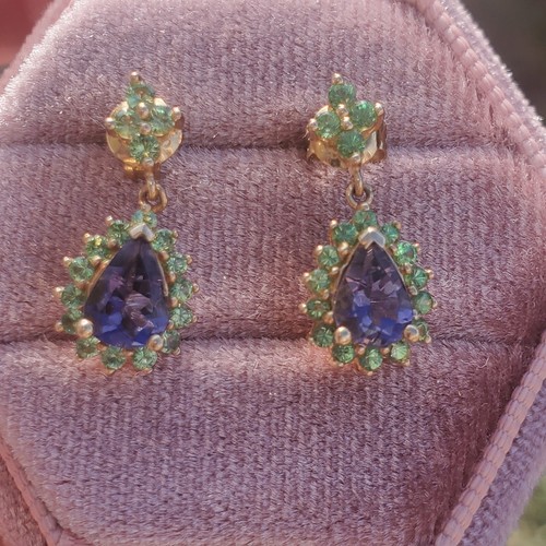 14K SOLID YELLOW GOLD 1.04 CTW IOLITE & .74 CTW TSAVORITE TEARDROP EARRINGS-NEW! - Picture 22 of 22