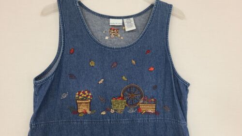 Vtg Bobbie Brooks Denim Sleeveless Embroidered Maxi Jumper Dress Fall Scene Sz L - Picture 2 of 5