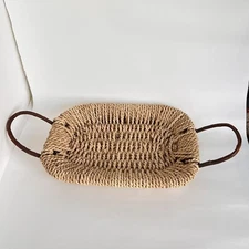 Rope Weave Whicker Oblong Flat Basket Tray  W/Wood Handles 15” X 11” Cottagecore