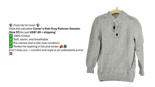 Carter’s Kids Gray Pullover Sweater - Size 5T | Cozy 100% Cotton Knit|Pre-owned - Picture 1 of 8