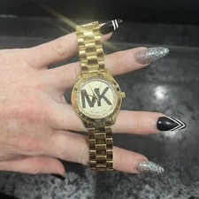 MICHAEL KORS MK3477 Gold Tone Mini Slim Runway MK Logo Ladies Wrist Watch 6 inch