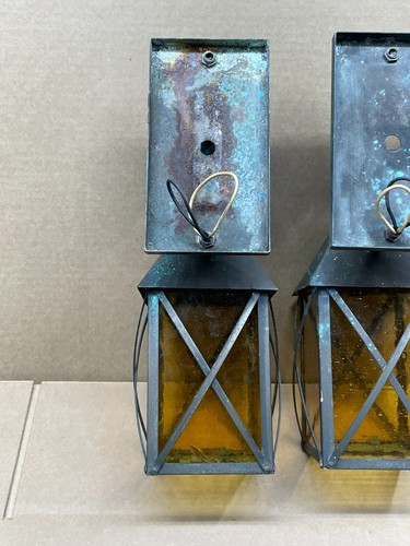 2 Vintage Mission Copper Arts & Crafts Exterior Entry Sconce Amber Glass Working - Picture 6 of 15