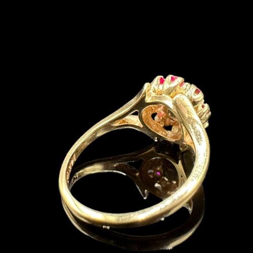 Anello cocktail design oro giallo 14 carati diamanti rubino fiori misura 5 - Foto 5 di 6