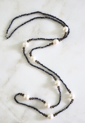 Solid 9ct WG Sapphire Gemstone Station Bead Necklace Pearl Smokey Quartz Classy - Picture 2 of 4