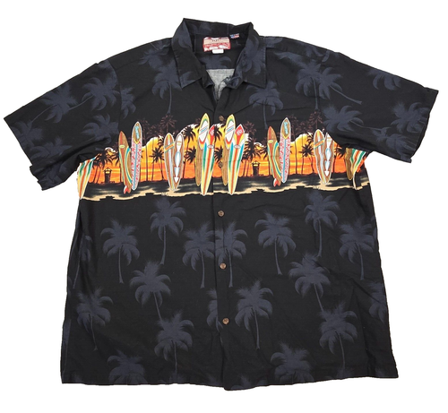 Vintage Hawaiian Shirt Mens 2XL Black Tropical Surfboard Wrap Around Hawaii USA - Picture 1 of 13