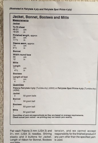 PATONS KNITTING PATTERN 4507 ~ FOR JACKET, BONNET, BOOTEES & MITTS IN 4 PLY - Picture 2 of 2
