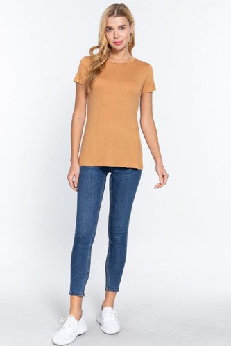 Women's Round Crew Neck Short Sleeve Soft Rayon Top Relaxed Fit Basic T-Shirt - Picture 33 of 80